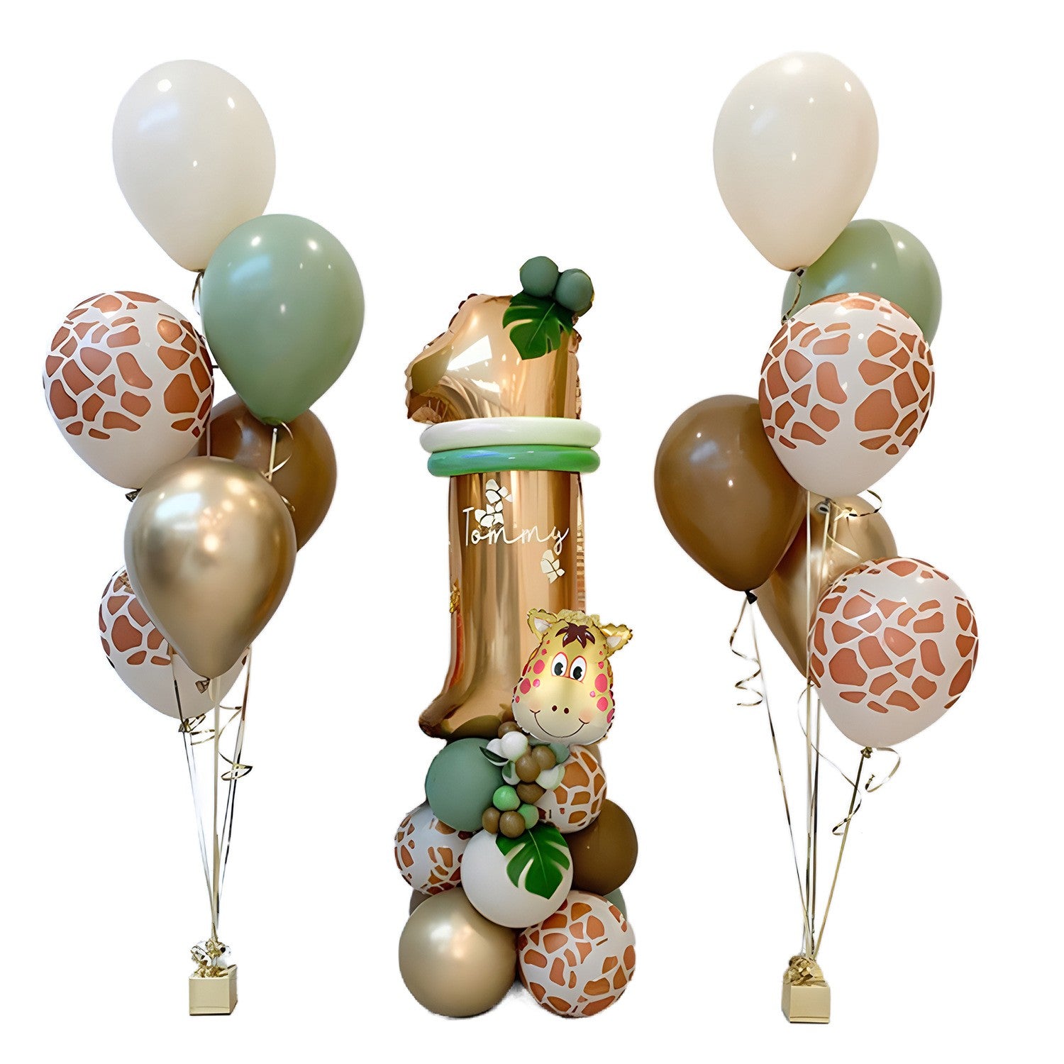 Set 30 Baloane Folie si Latex, ANGELBEAR, Tematica Prima Aniversare, Baloane Latex 30cm, 25cm, Figurina Girafa 32x34 cm, Frunza Palmier 15 cm, Cifra 1 76 cm, Multicolor